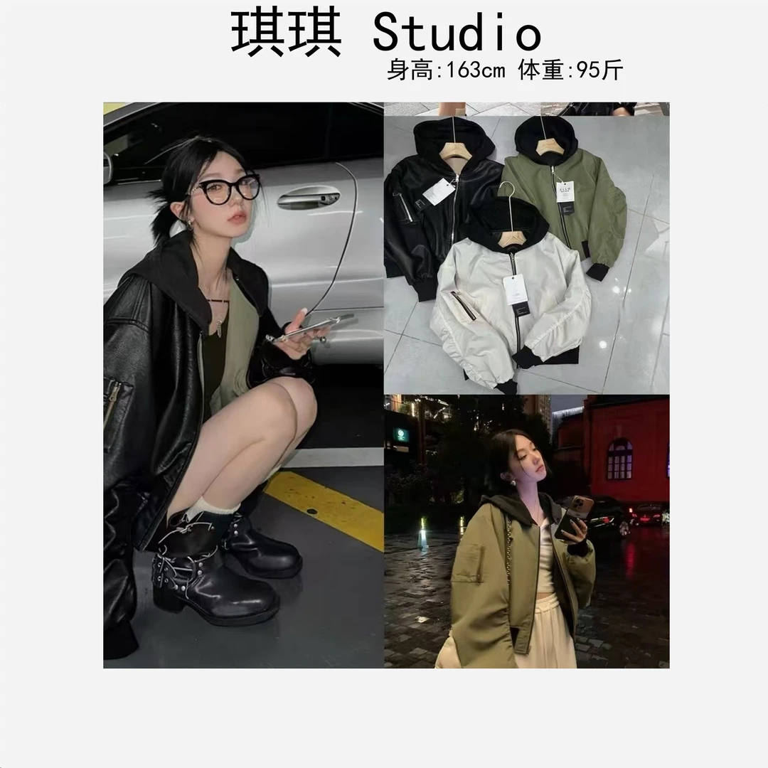 早春新款潮流气质时尚袖拉链两面穿连帽显瘦减龄皮衣外套9906-G