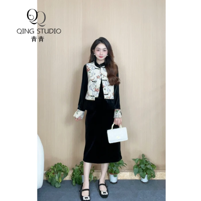 【青青定制】小个子冬季新款通勤国风休闲民族风马甲显高上下套装