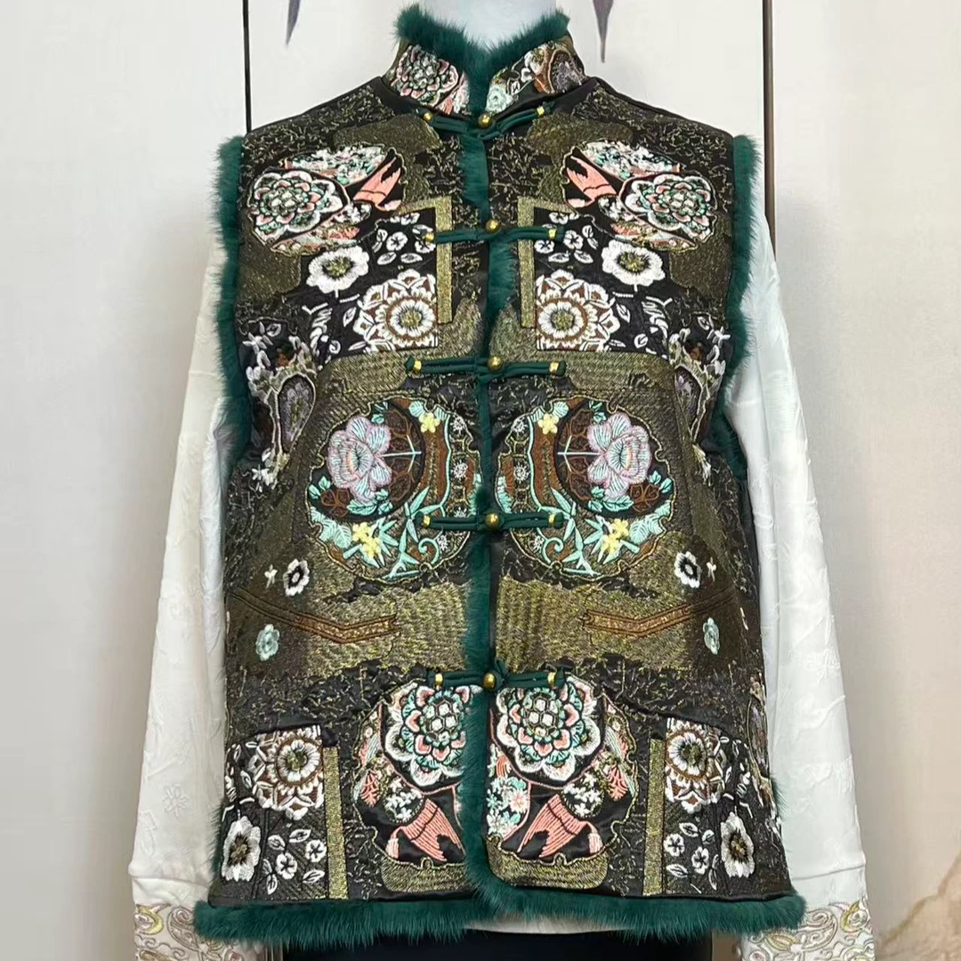 新女装立领醋酸刺绣拼接水貂毛新中式夹棉提花马甲马甲