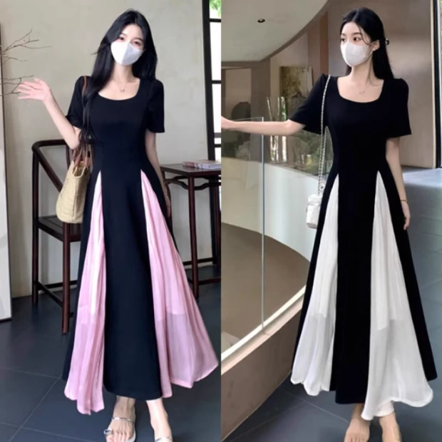 大码赫本风短袖连衣裙女夏季新款气质小黑裙胖MM收腰显瘦裙子1557