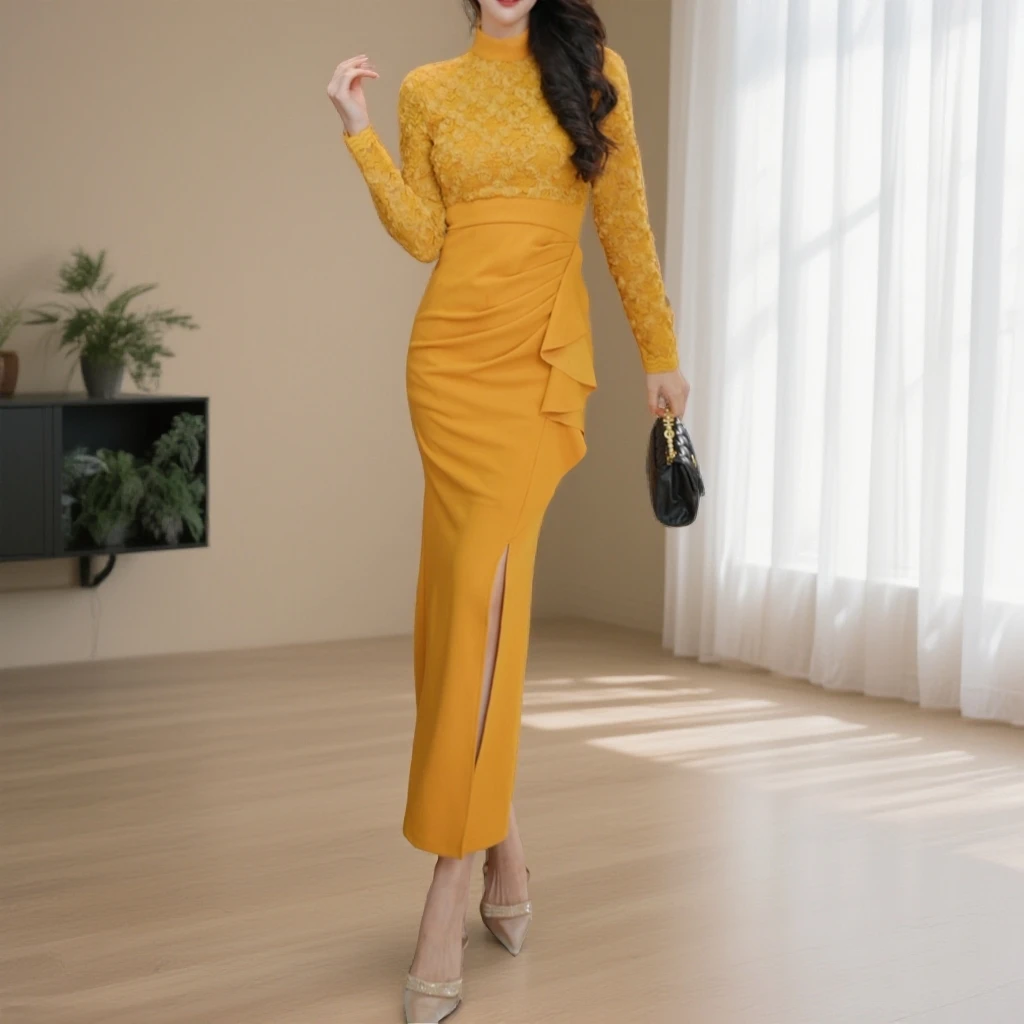 秋冬法式修身时尚圆领拼接女神范复古连衣裙51605