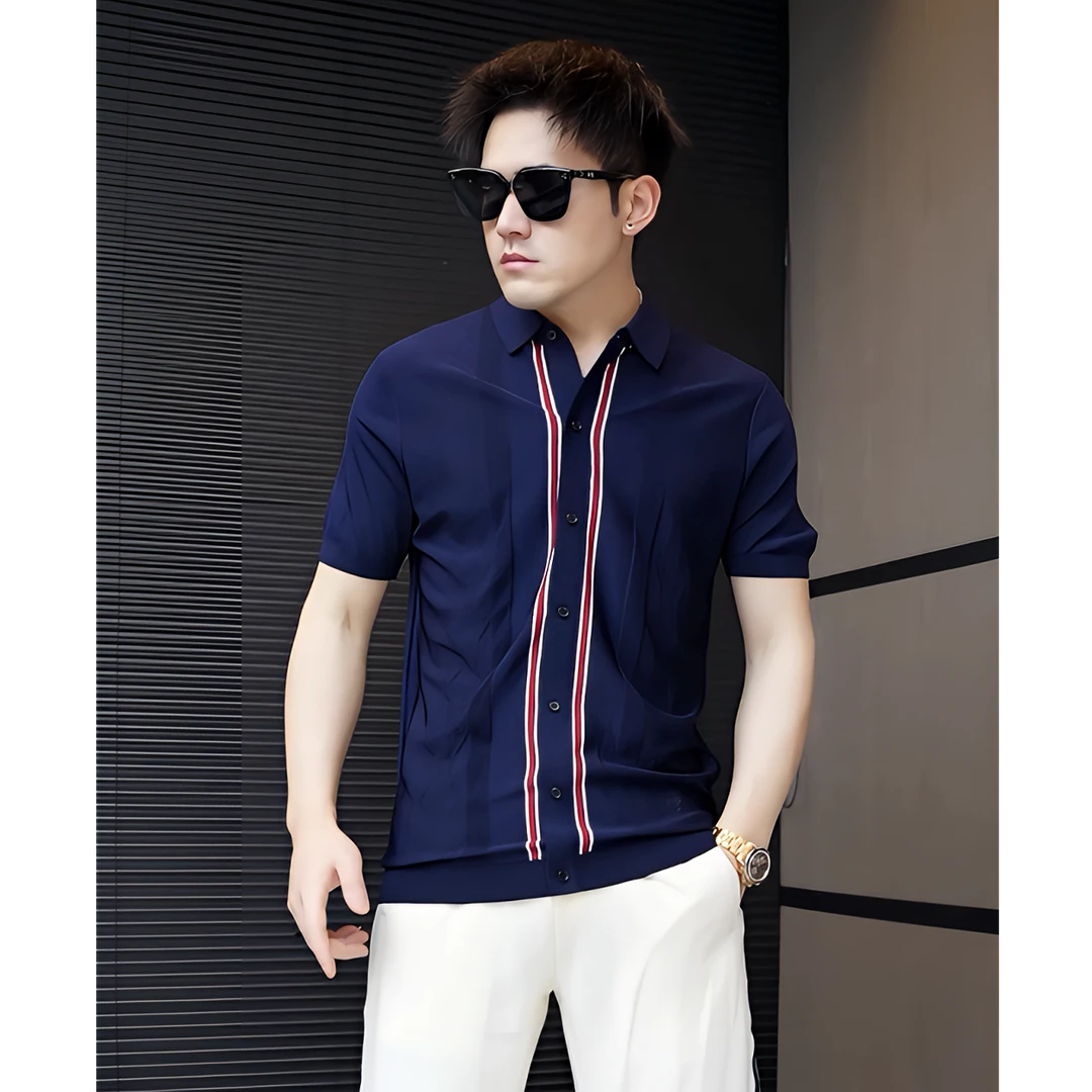 2025夏季新款提花休闲翻领潮流修身伊力特开衫短袖t恤男百搭半袖