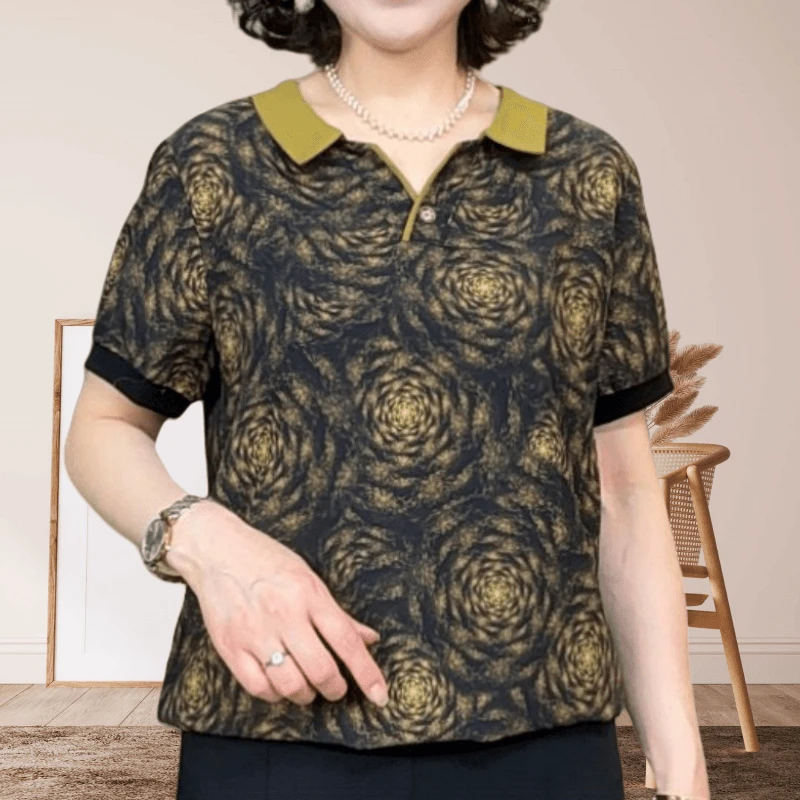 时尚翻领高级感设计印花短袖上衣女夏新款宽松遮肚子气质时尚小衫