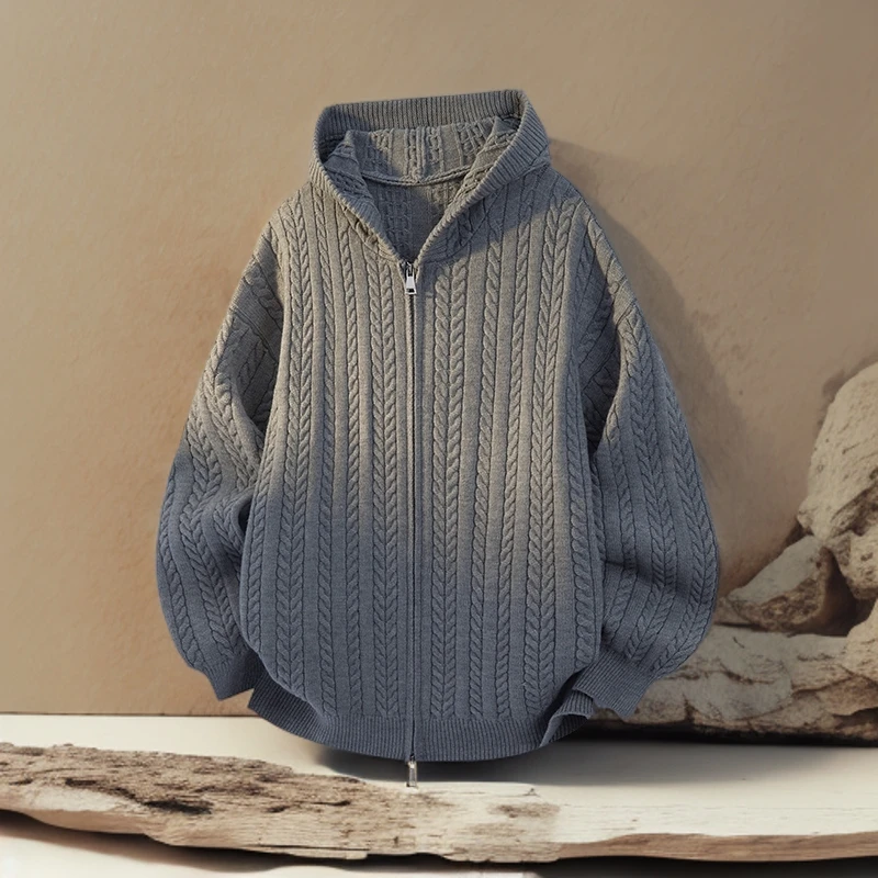 秋季加厚双拉链麦穗纹开衫毛衣连帽秋冬慵懒风宽松款针织衫外套