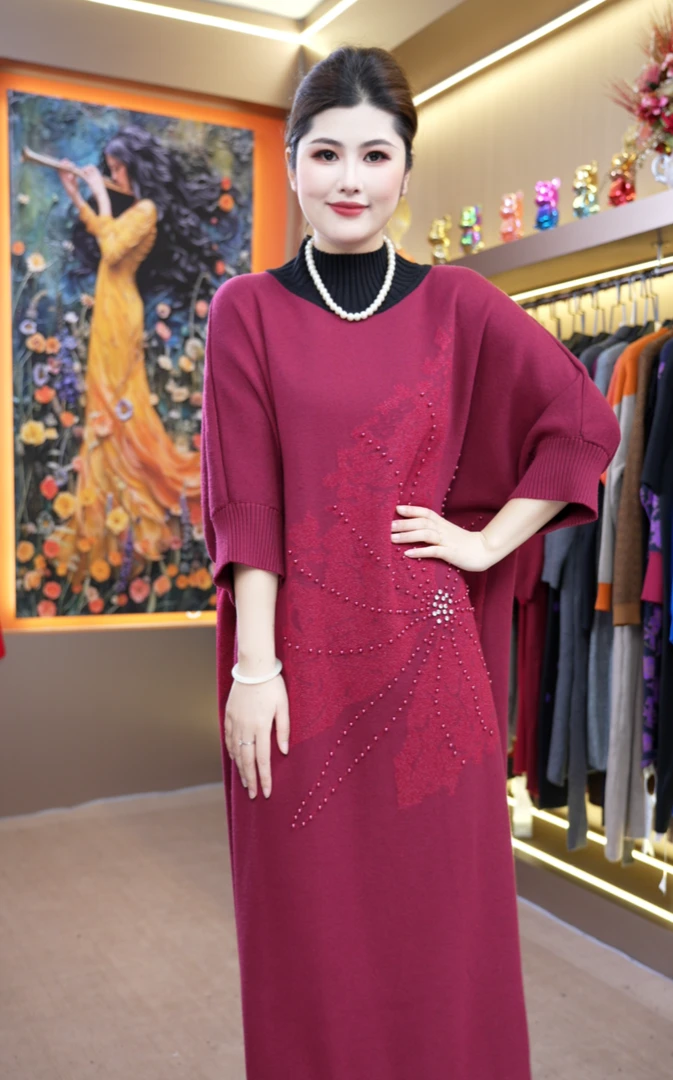 667红色蝴蝶钉珠秋冬新款宽松大码遮肚显瘦长款连衣裙