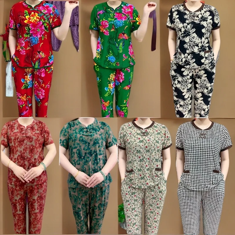 夏季休闲妈妈装两件套【百搭半袖加裤子】中老年网红气质显瘦印花款