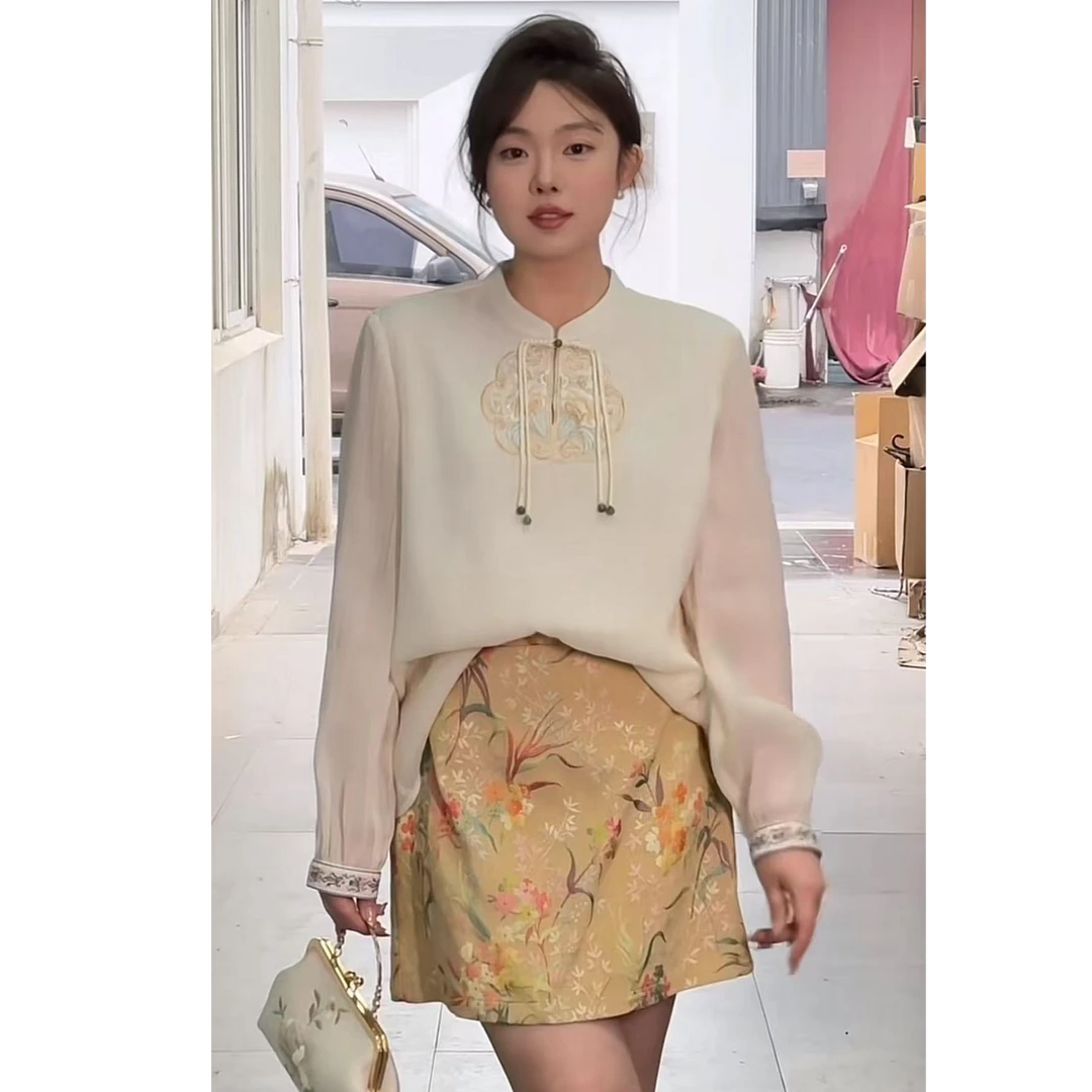晶咕【国风时代】复古时尚新中式绣花盘扣立领长袖小衫+半裙