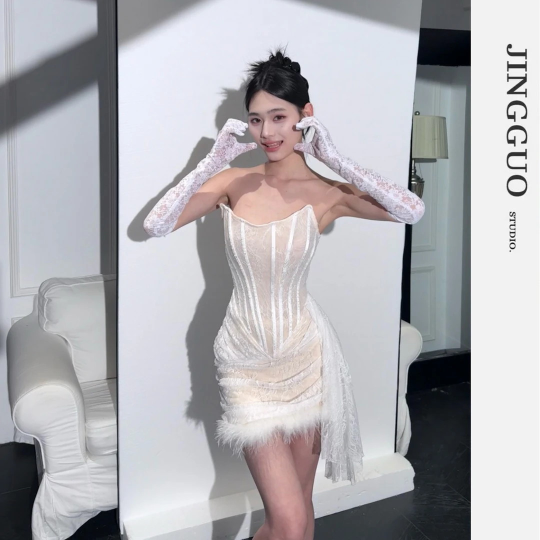 【JINGGUO轻奢】小众法式蕾丝纯欲羽毛抹胸修身显瘦连衣裙短7269