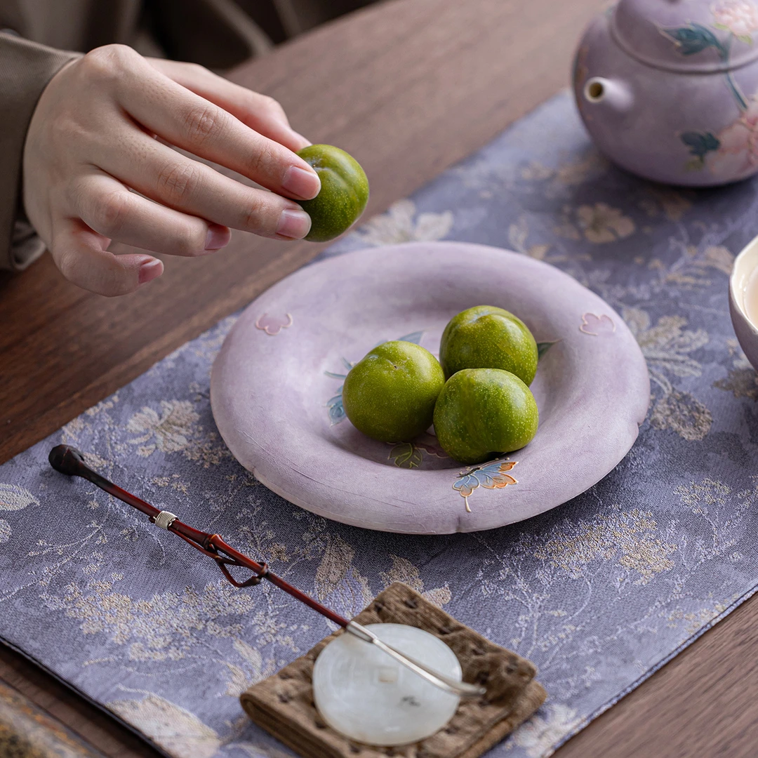 亘古粉引牡丹壶承家用泡茶碗不烫手干泡盘茶具堆绘紫色粉彩果盘