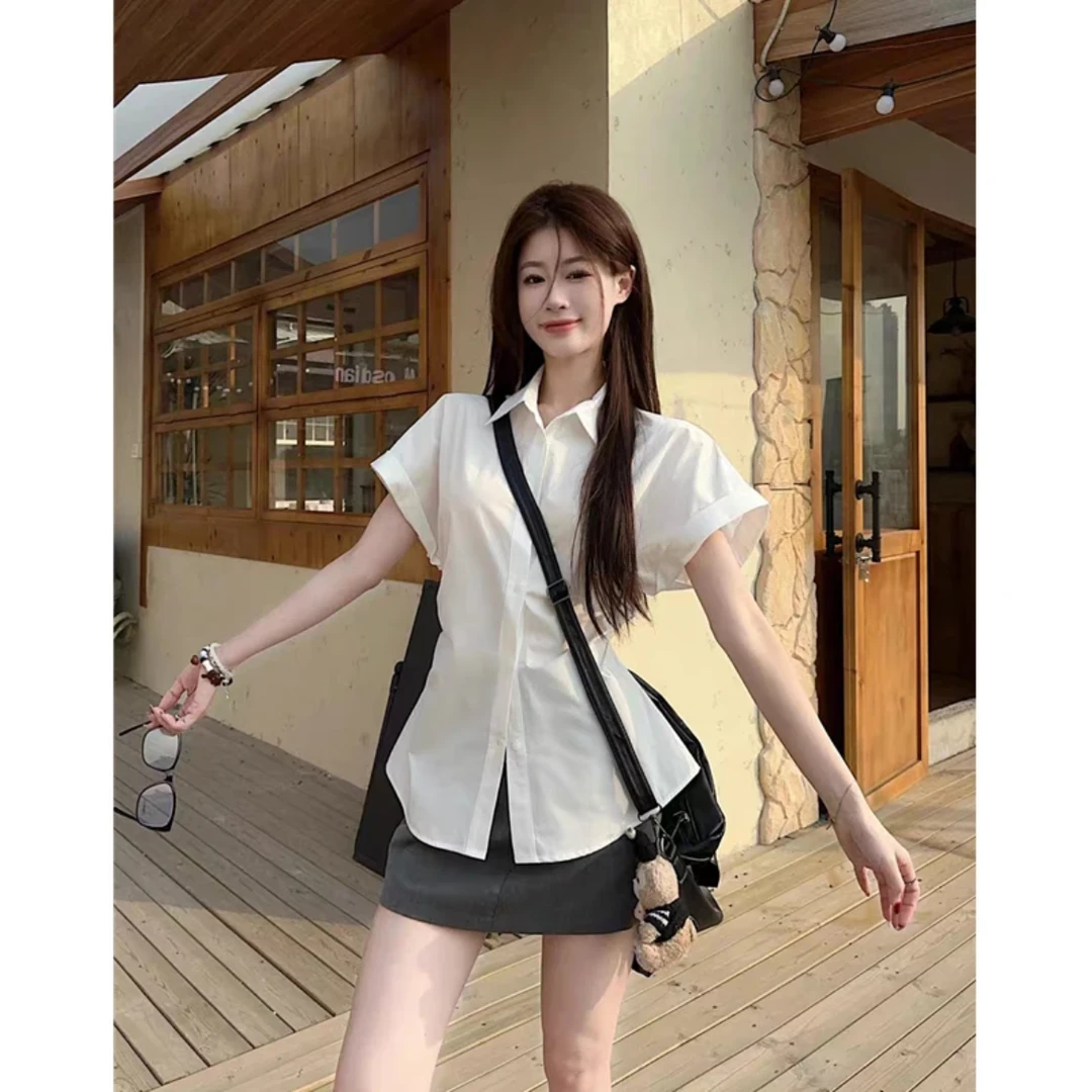 韩版复古白色纯棉短袖衬衫女夏季2025新款系带收腰衬衣小众上衣A
