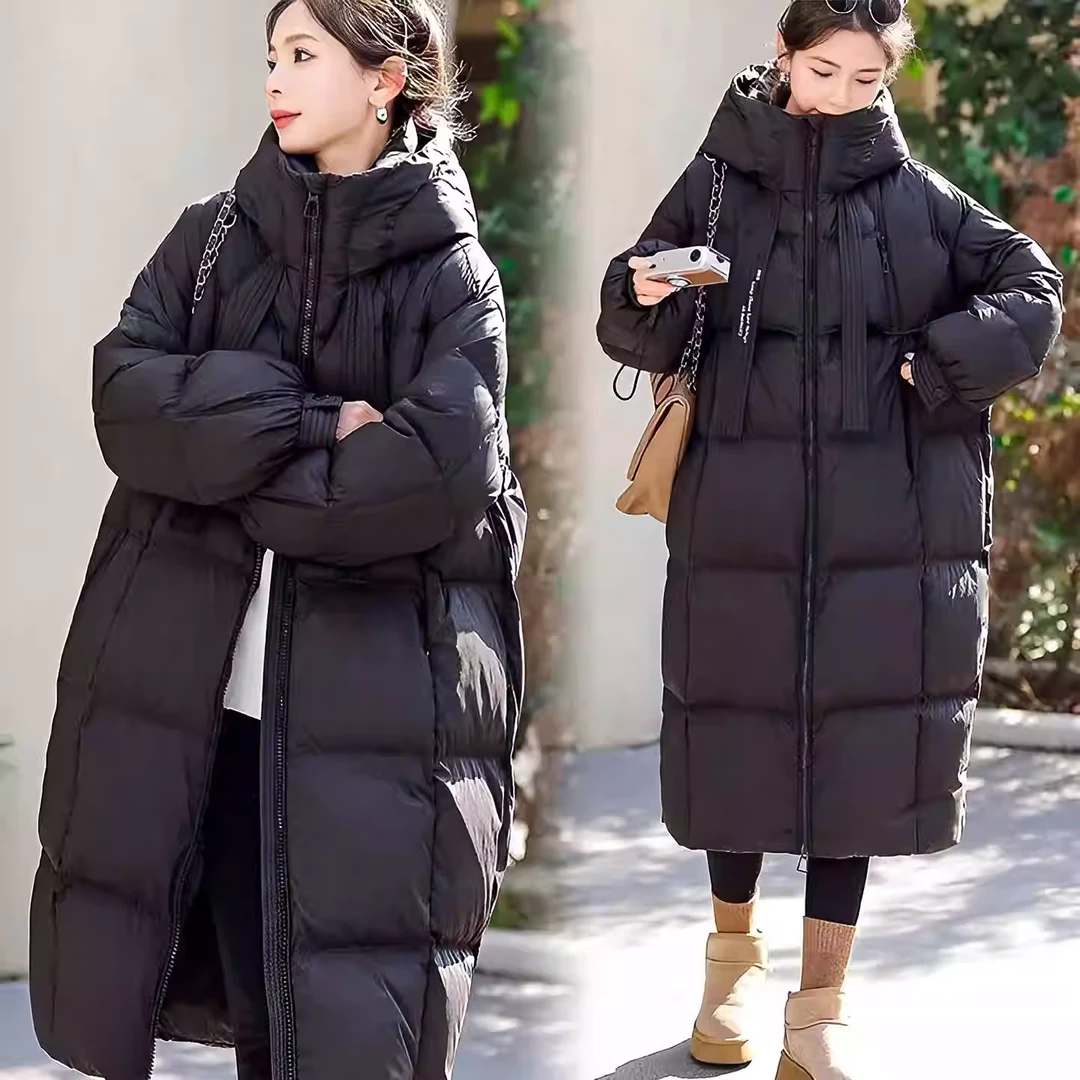 冬季新款飘带长款3连帽白鸭绒百搭过膝保暖时尚女士羽绒服外套