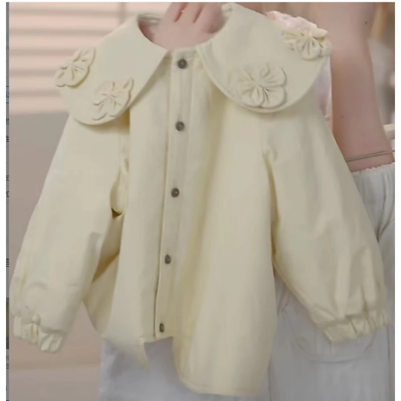 （现货）2024冬季鹅黄色花朵百搭时尚棉服夹棉小棉袄241011-A