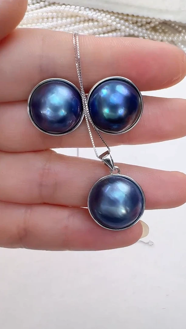 【闪购商品】拼合珍珠（马贝珠）耳饰银S925镶嵌蓝色光板套装