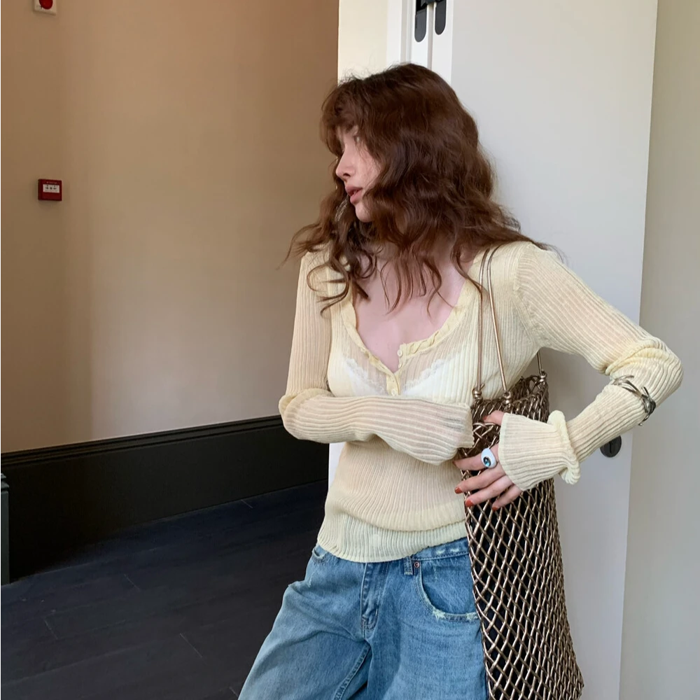 韩系麻花领口微透长袖针织衫女2025早秋时尚修身内搭打底衫上衣