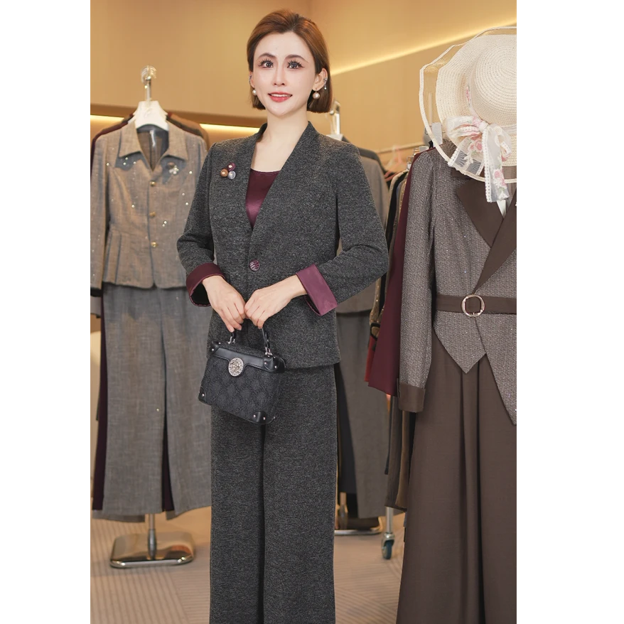 W8019春秋2025新款时尚气质套装女V领西装外套阔腿裤显瘦两件套