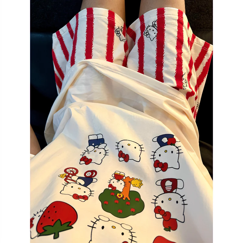 【kitty猫印花】t恤短袖睡衣女夏季薄款ins小众条纹短裤家居服套装