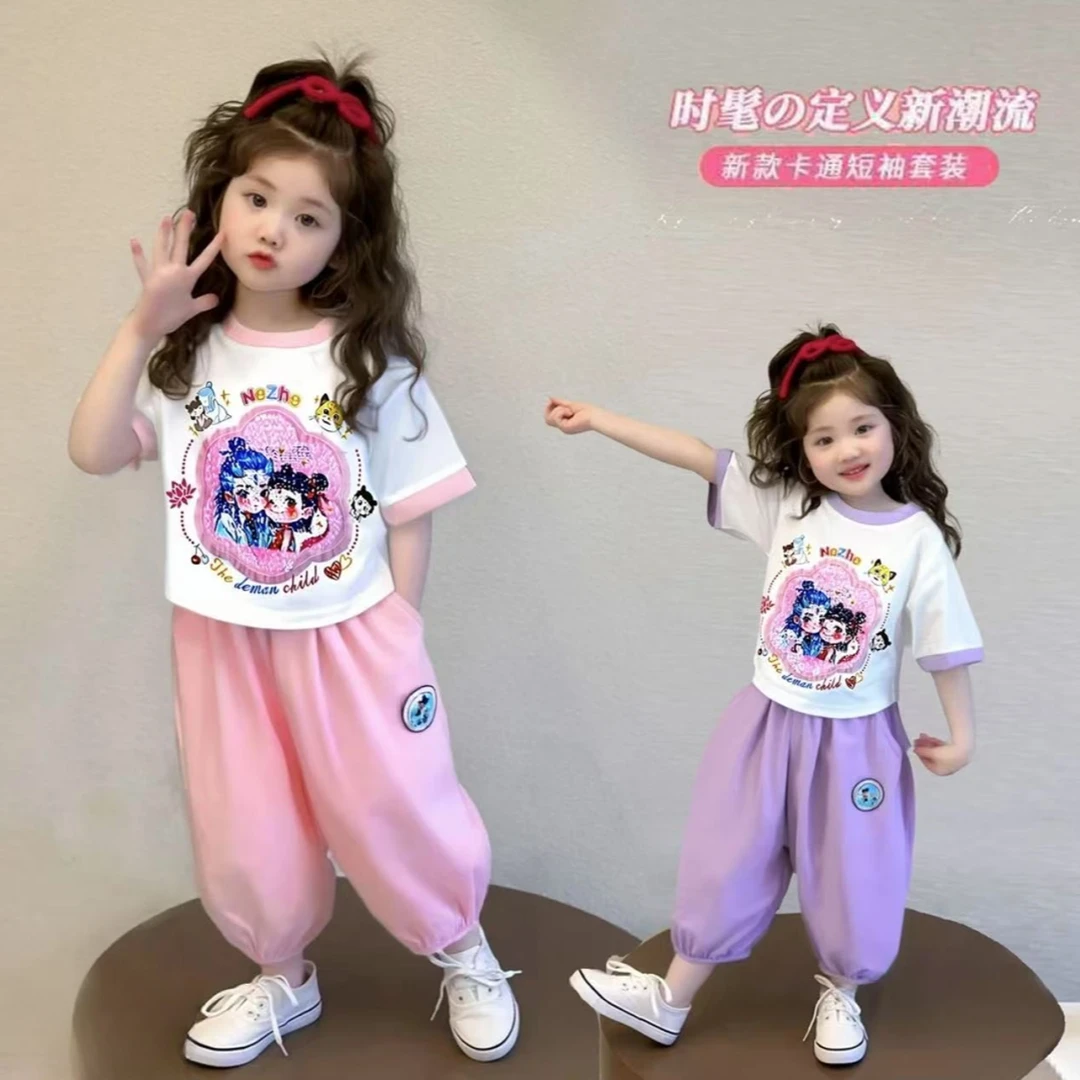 【现货】女童亮片哪吒套装2025新款儿童短袖亮灯裤子国潮卡通变脸