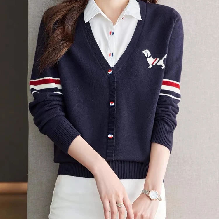 哥弟阿玛施正新款百搭衬衫领假两件毛衣女高级感宽松针织衫女上衣