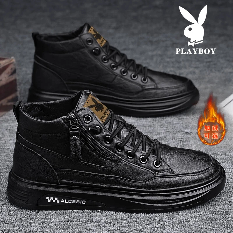花花公子黑色男鞋秋冬季新款休闲皮鞋男士高帮加绒保暖板鞋子男款