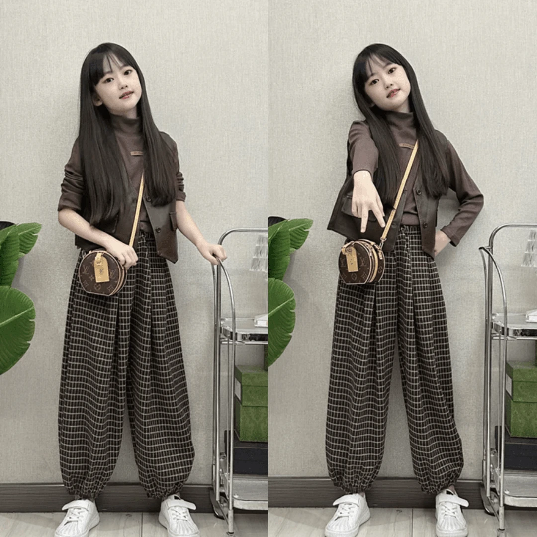 女童秋装洋气套装2025新款儿童短款马甲打底衫格子裤潮搭三件套