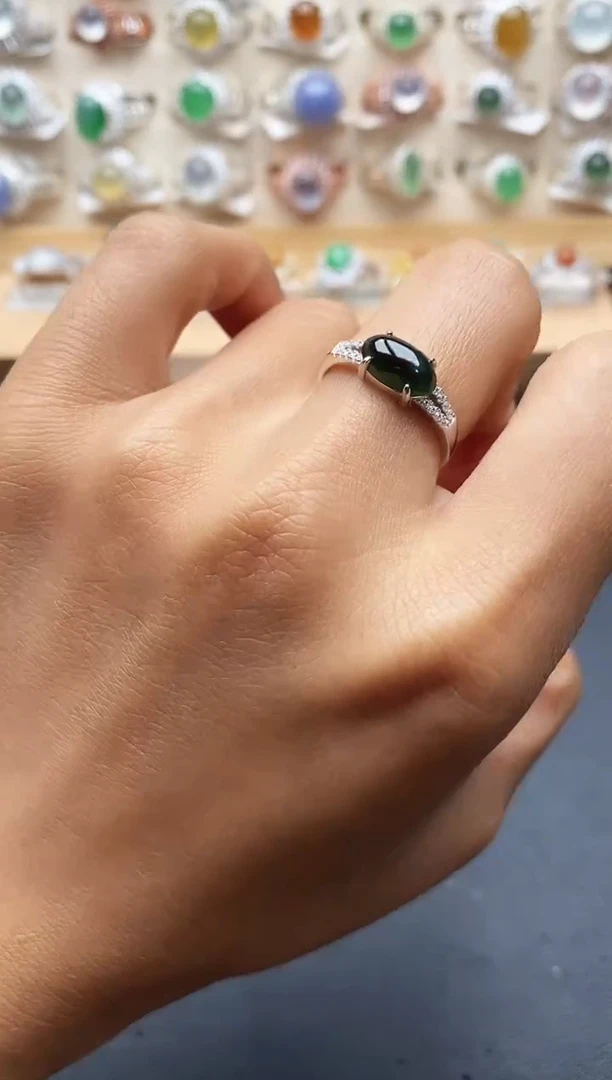 银S925镶嵌戒指翡翠缅甸天然A货翡翠1 4-6