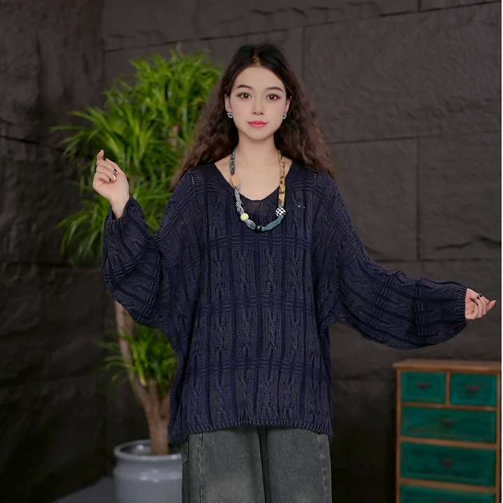 【镂空针织衫】秋装百搭复古炒色毛线衣宽松大码女装套头毛衣