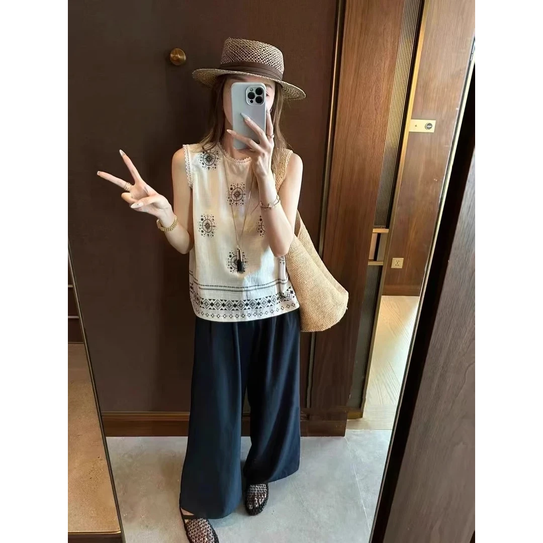 韩版时尚印花无袖马甲2025夏季新款复古风衬衫设计感显瘦上衣A795