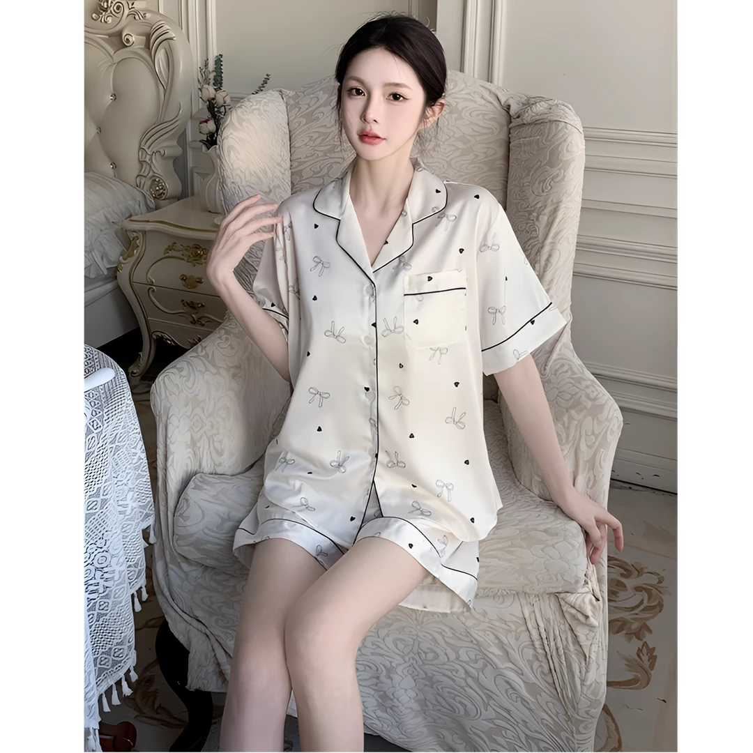 睡衣女夏冰丝薄款缎面水光绸丝滑短袖印花家居服高级感套装可外穿