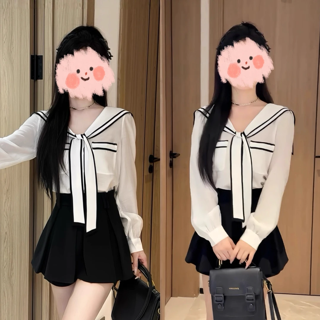 秋季温柔风时尚绝美飘带海军领长袖衬衫+高腰显瘦半身裙两件套女