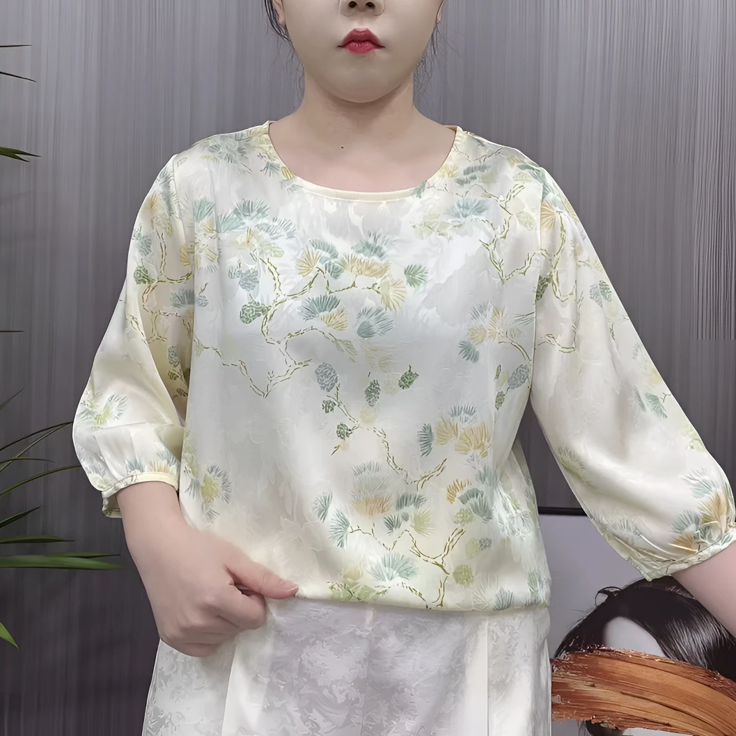 DM152圆领七分袖花螺夏季休闲风新中式小衫女百搭时尚妈妈中老年