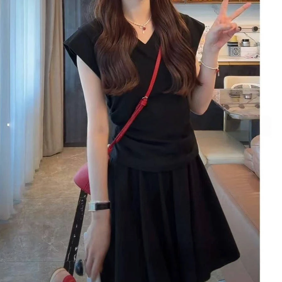 夏季坎肩收腰上衣+A字松紧腰短裙两件套2025新款百搭时尚修身显瘦