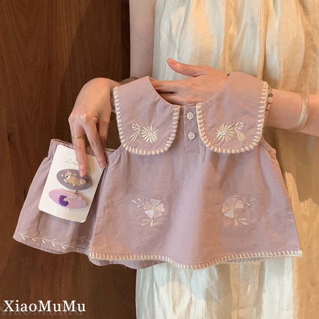 女童套装童装绣花上衣短裤两件套宝宝幼儿园洋气无袖T恤时尚裤子