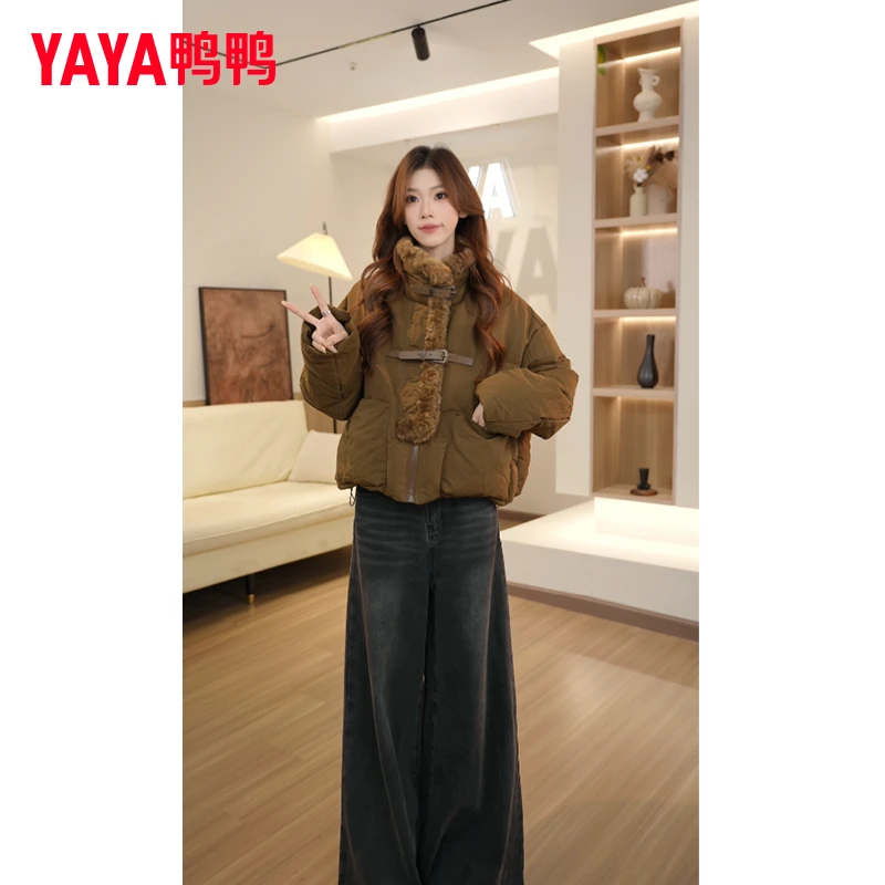 YAYA/鸭鸭2025新款羽绒服厚款女立领拼接长袖保暖日系复古休闲