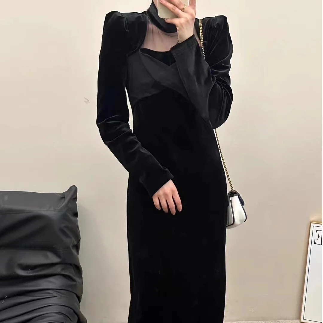 2024新款蕾丝拼接丝绒连衣裙女6657