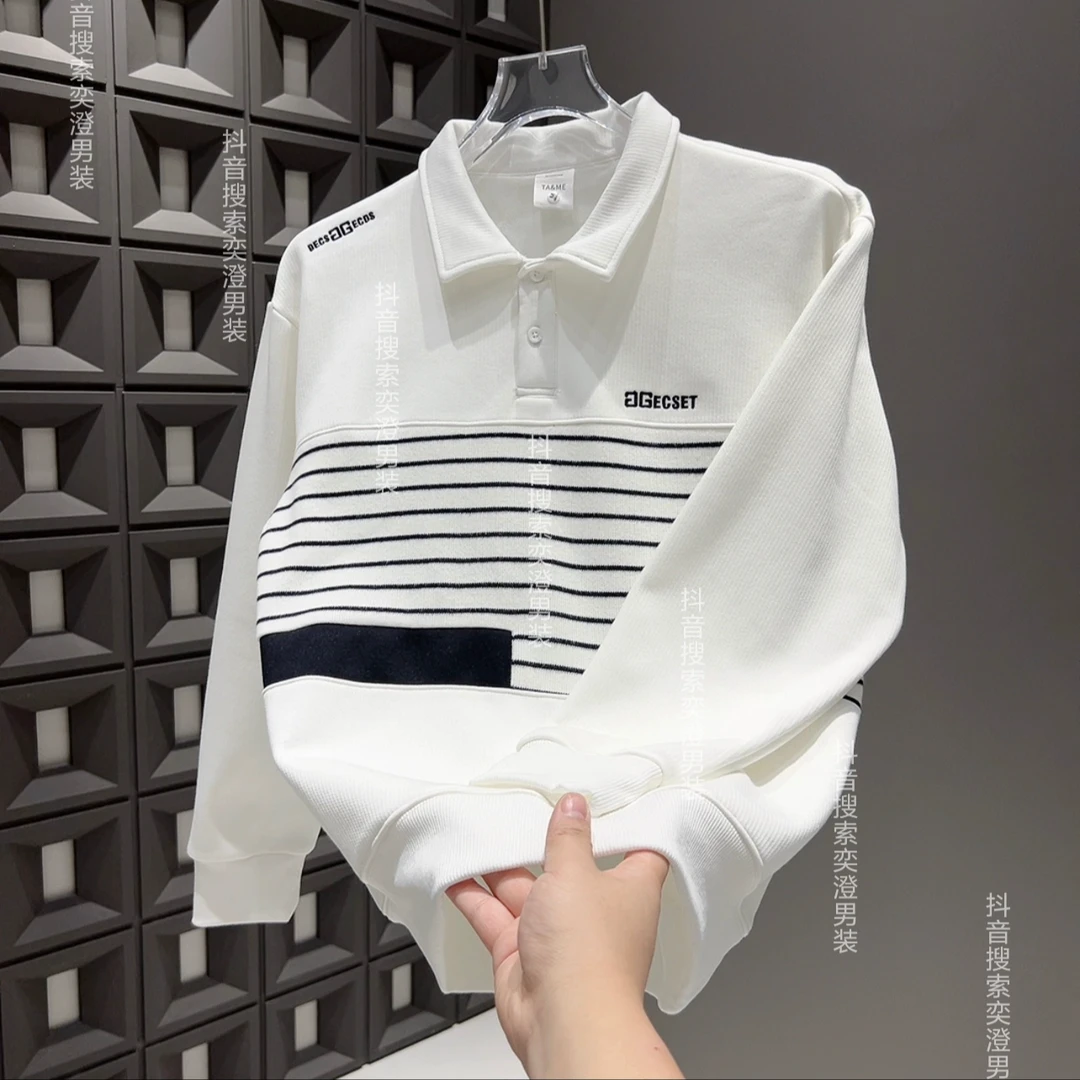 秋冬潮流时尚翻领拼接条纹加绒百搭洋气卫衣M6504