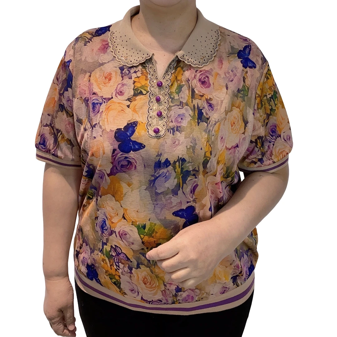 时尚气质轻职风花色翻领中老年妈妈装夏短袖洋气百搭显瘦遮肉615