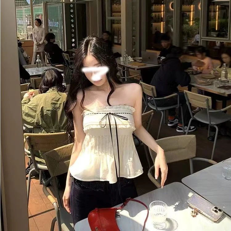 辣妹抹胸上衣女夏季新款性感花边设计感小众胸垫褶皱短款背心吊带