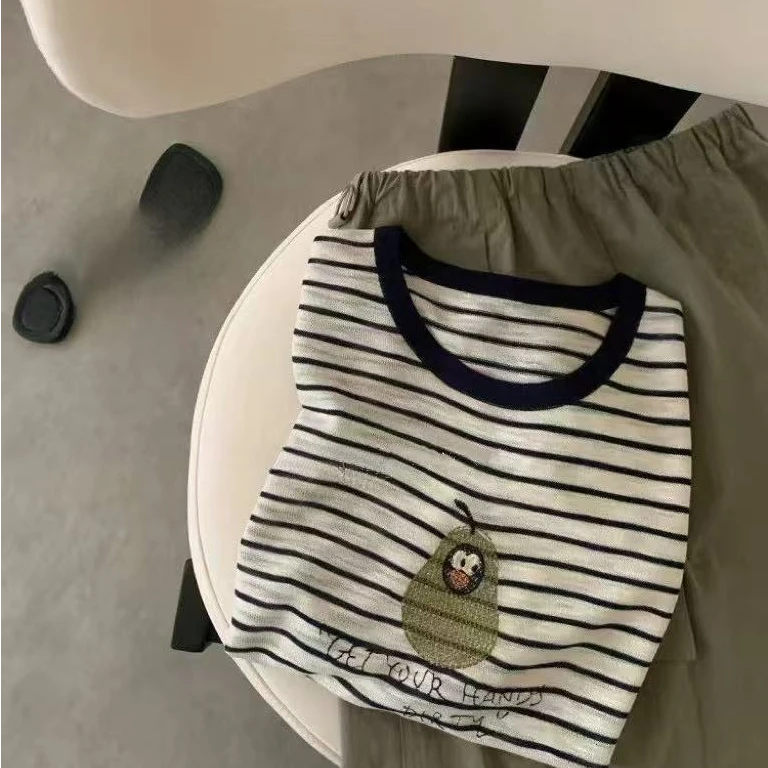 T2386 大鸭梨 针织条纹拼色领圆领针织短袖女夏