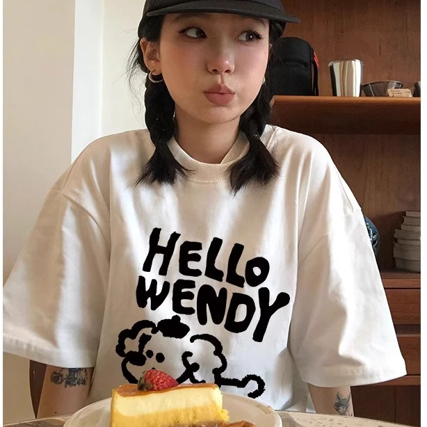 【线条毛绒小狗】夏季纯棉休闲女款字母短袖宽松潮流半袖情侣圆领