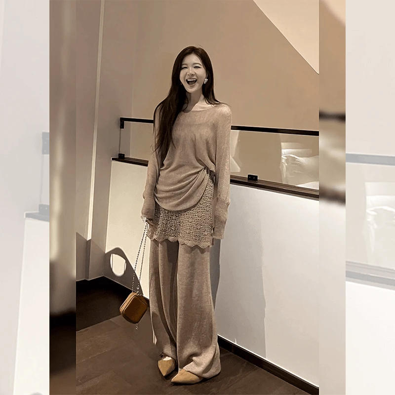 秋季新款高级感洋气圆领长袖上衣韩系时尚气质女高腰阔腿休闲长裤