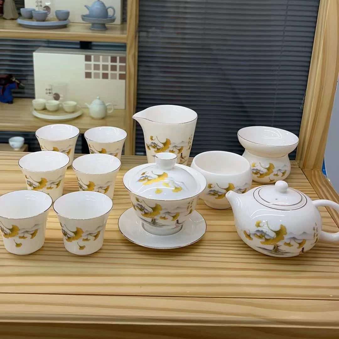描金三生有幸12件（西施壶）  白瓷羊脂玉功夫茶具套装安全泡沫包