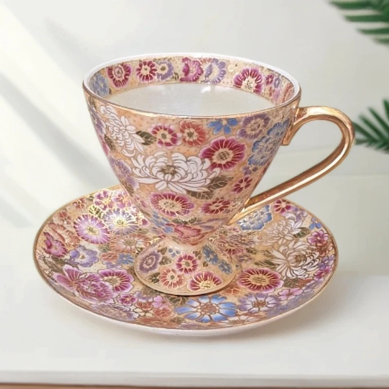 高档高温陶瓷百花不落地咖啡杯碟 高脚花茶杯红茶杯 一杯一碟