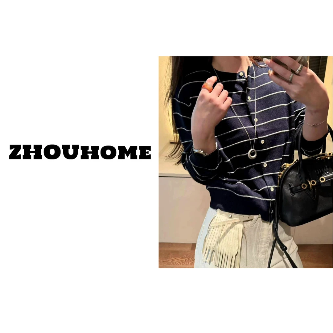 【周周服饰】韩货春款显瘦条纹针织开衫