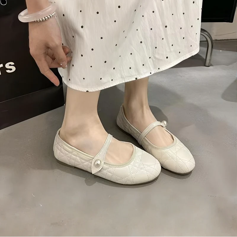 牛皮版~进口小菱格珍珠扣带百搭鞋子单鞋女玛丽珍小香风春秋时尚