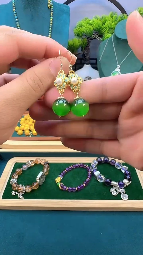 碧玺猫眼耳饰14K金镶嵌E56