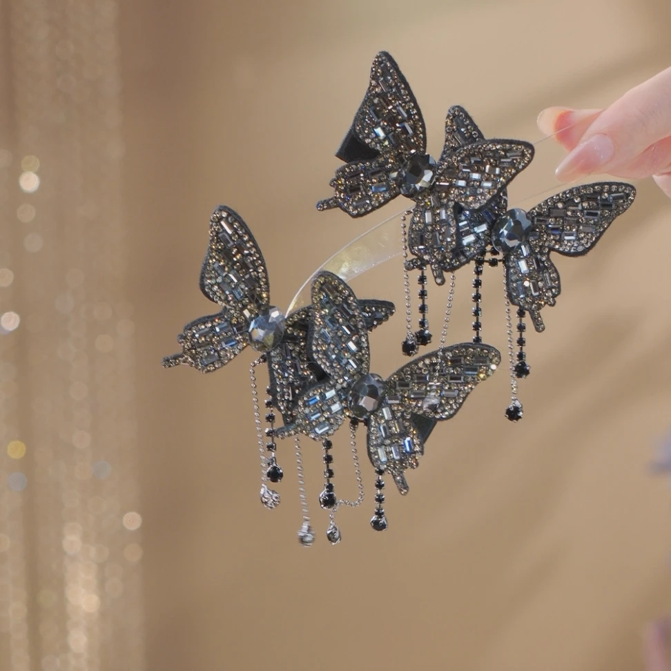 原创设计赫本风显气质蝴蝶珠珠流苏版夹碎发刘海夹2403