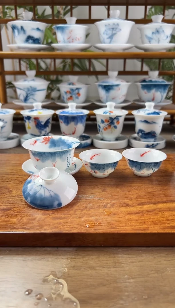 微瑕线条莲带内绘80ml三才盖碗+小玉兰杯2个