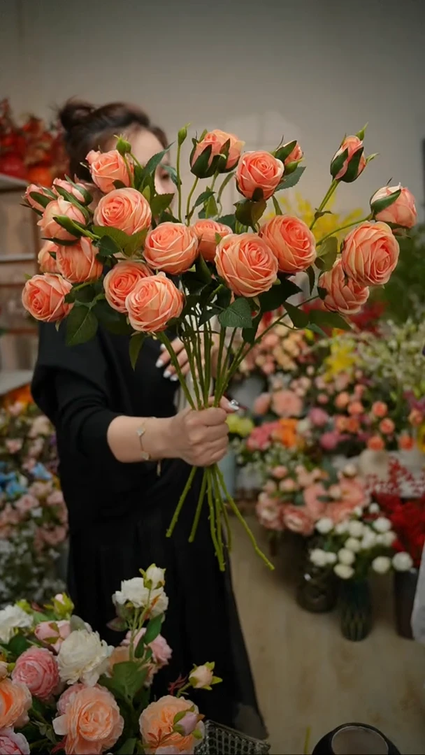 香槟色6支绚丽玫瑰仿真花