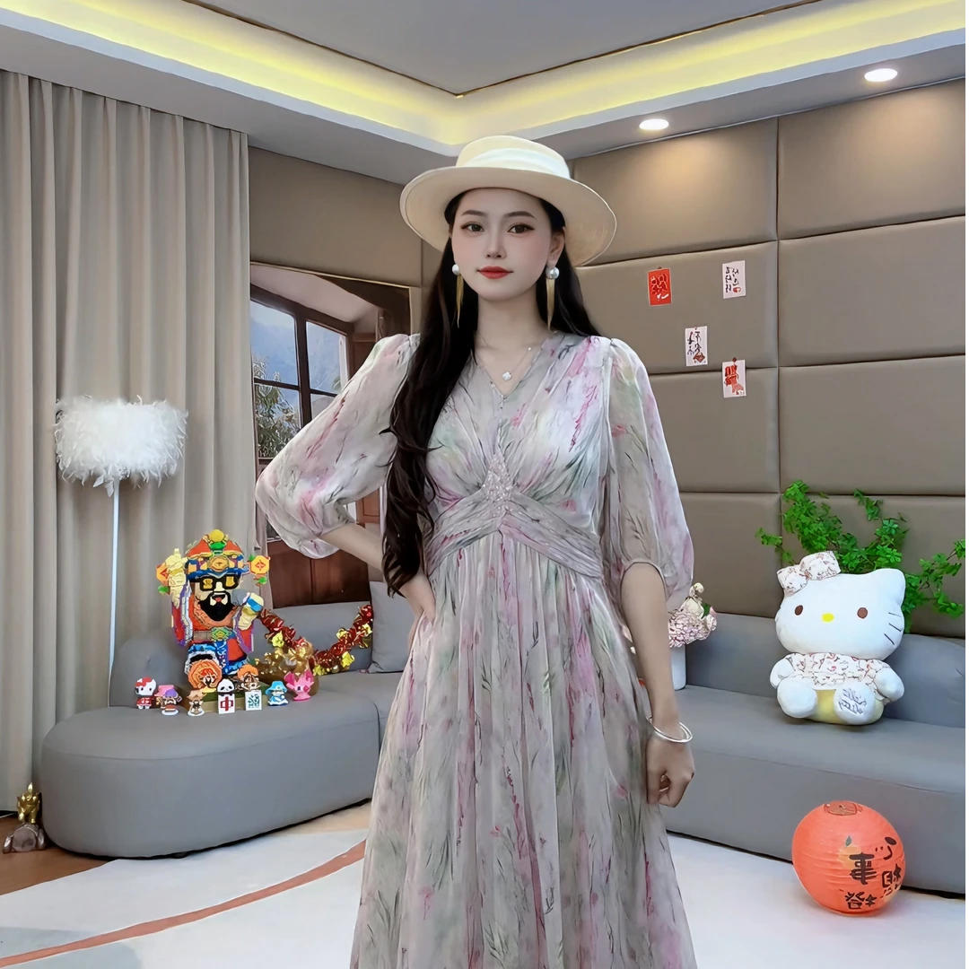 马洛克“莫奈花园” V领粉色显瘦时尚休闲气质真丝连衣裙 80043