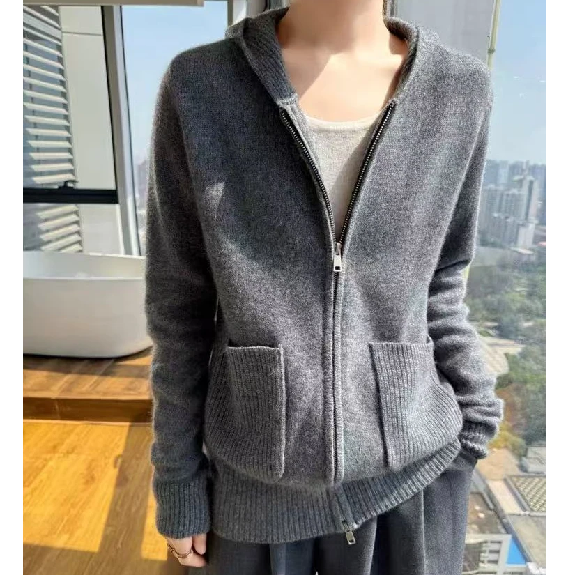 库存拉链开衫针织双兜帽衫女百搭